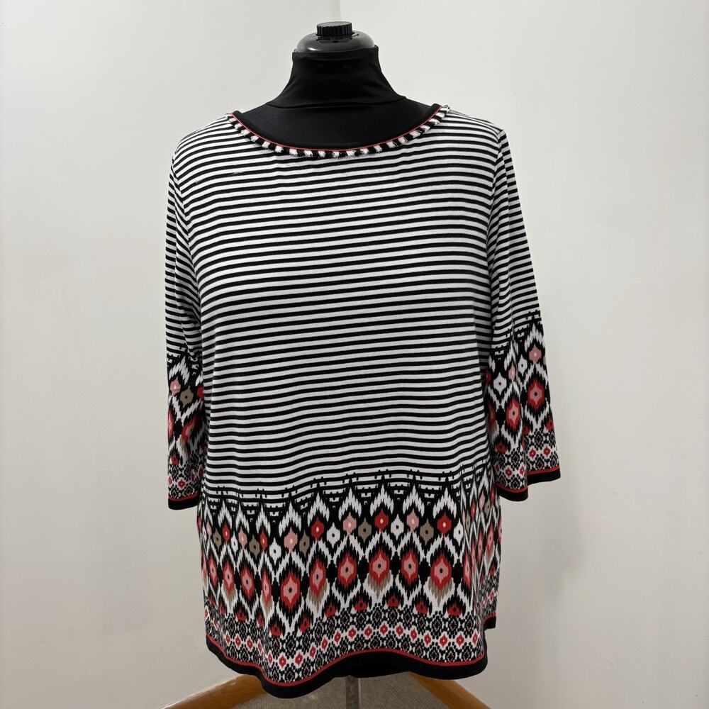 Ruby Rd Womens XL Striped Geometric Print Top 3/4 Sleeve Fringe Cotton Stretch